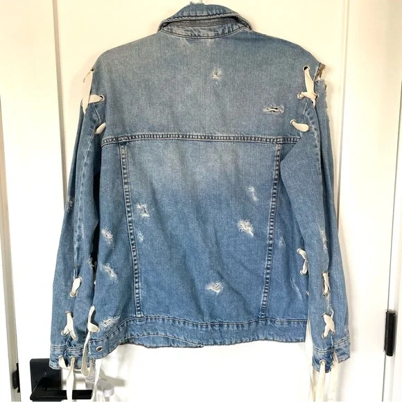 Zara Distressed Lace Up Denim Jacket - Picture 2 of 6